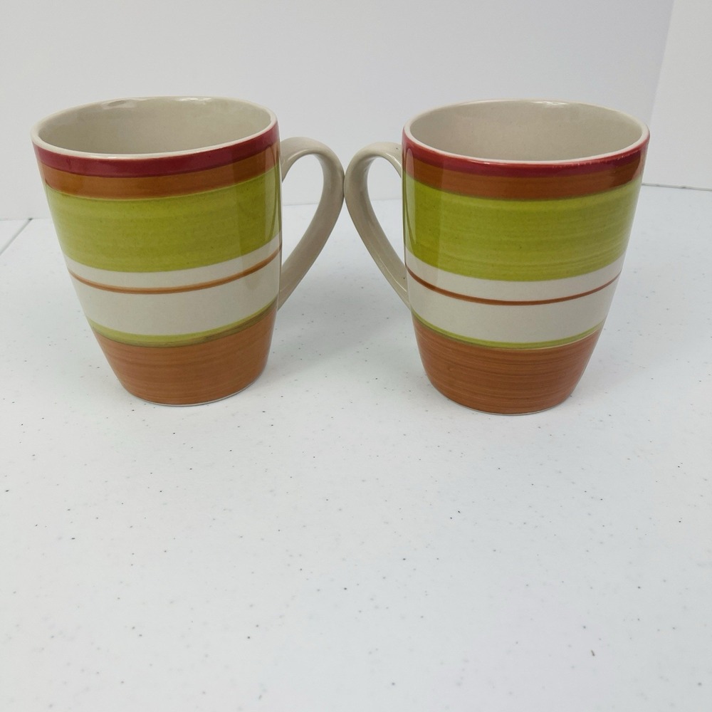 Pier 1 Valencia Stoneware Orange Red Rust Green Striped Mugs Hand Painted Set 2